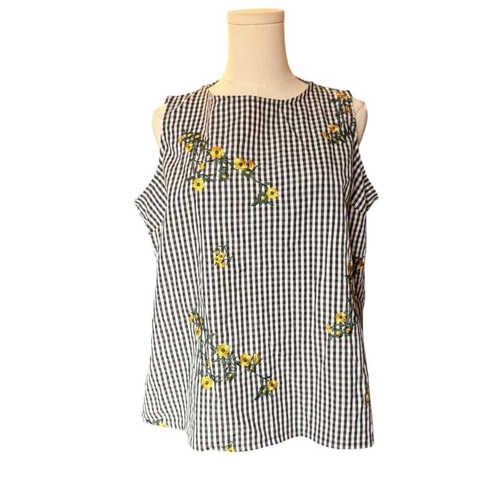 Christopher & Banks Gingham Floral Embroidered Sleeveless Top Black White Large